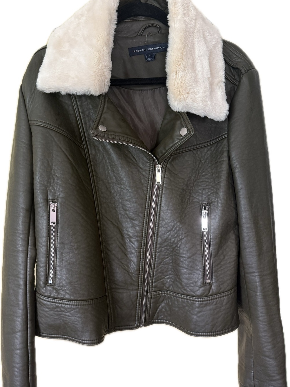 French Connection Olive Faux-Leather Jacket with Cream Faux-Shearling Collar